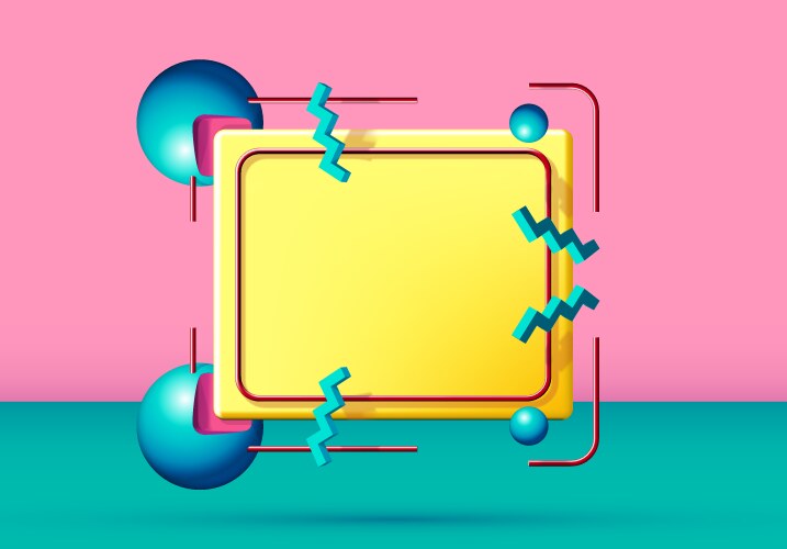 Abstract 90s styled frame with flying 3d objects vector image