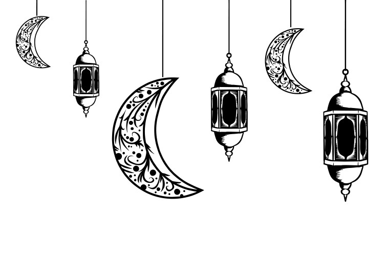 Ramadan Lantern and Crescent Moon Sketch Vector Image