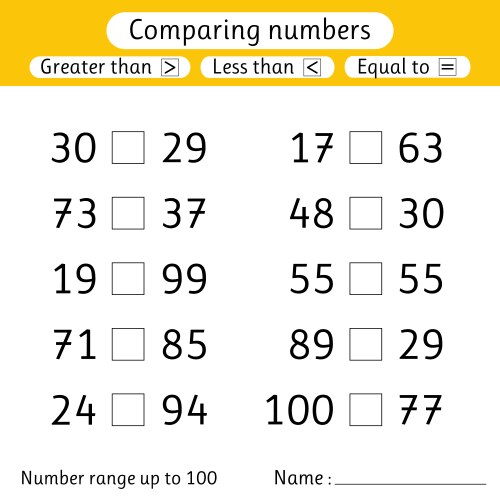 Comparing Numbers: Less Than, Greater Than, Equal vector image