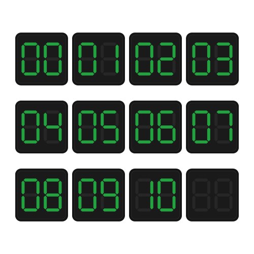 Digital countdown display set with green numbers vektorbild