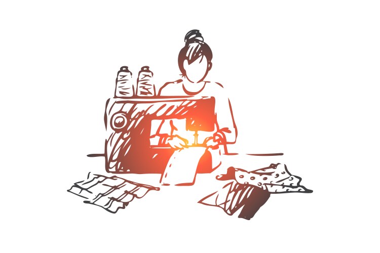 sewing machine woman fabric textile vector