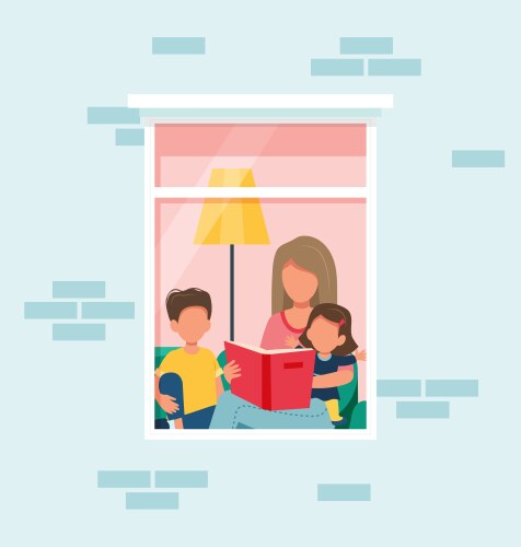 stay home concept mother with kids reading a book vector image