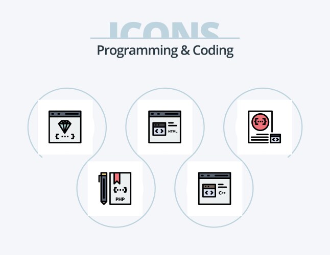 Programming and coding line filled icon pack 5 vector image