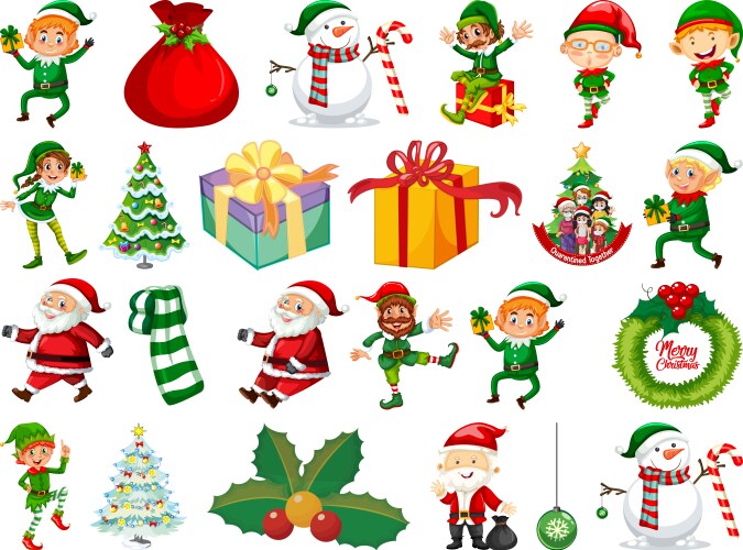 Cartoon Elves and Christmas Objects Vector Image