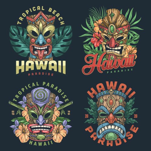 hawaiian tiki masks set flyers vector