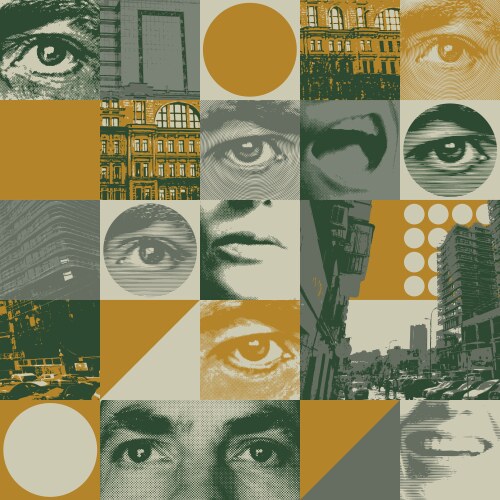 seamless pattern with human eyes and cityscapes vector image