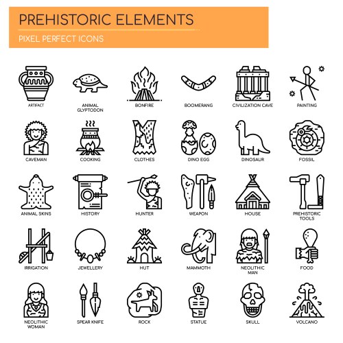 Prehistoric elements thin line and pixel perfect Vector Image