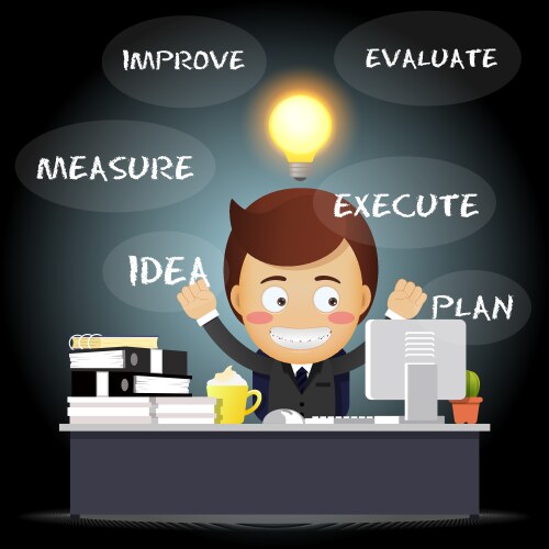 Thinking man with idea bulb working on computer vector image