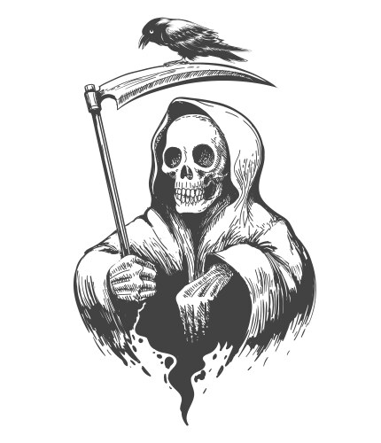Death Skull with Scythe and Crow Vector Image