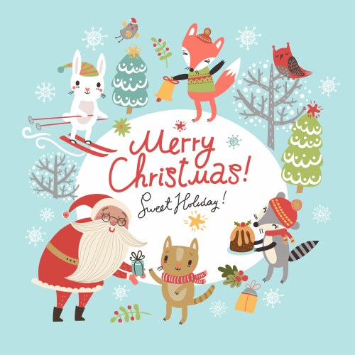 Cute Christmas Card with Santa and Animals Vector Image
