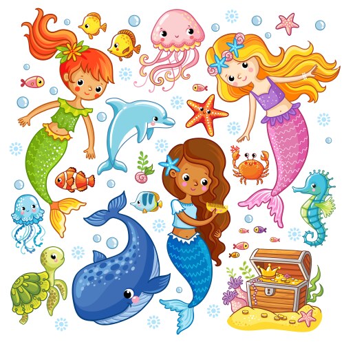 Mermaids and Sea Creatures Vector Image