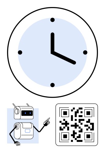 Robot pointing at a qr code below large clock vector image