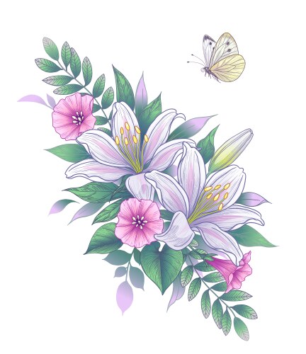 White Lilies & Butterfly Floral Art Vector Image