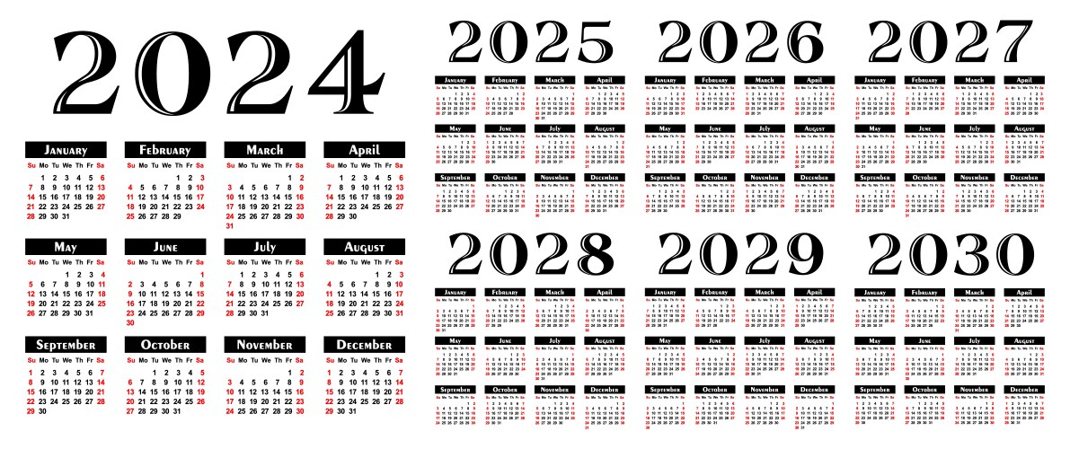 Calendar templates for a year 2024 - 2030 vector image