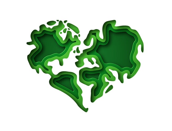 Green earth map heart shape paper cut isolated vector image