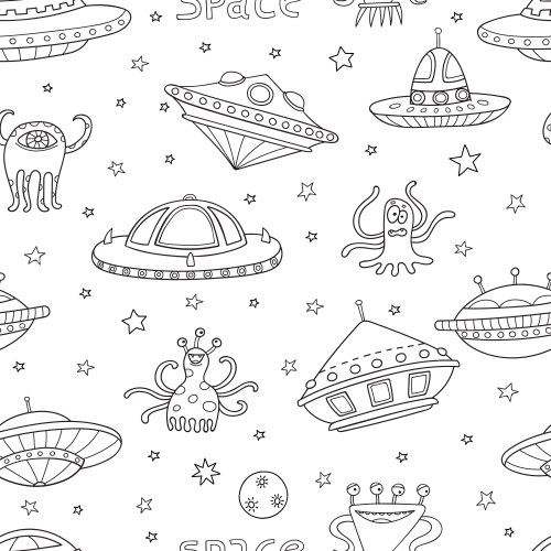 Seamless pattern with space objects ufo rockets vector image