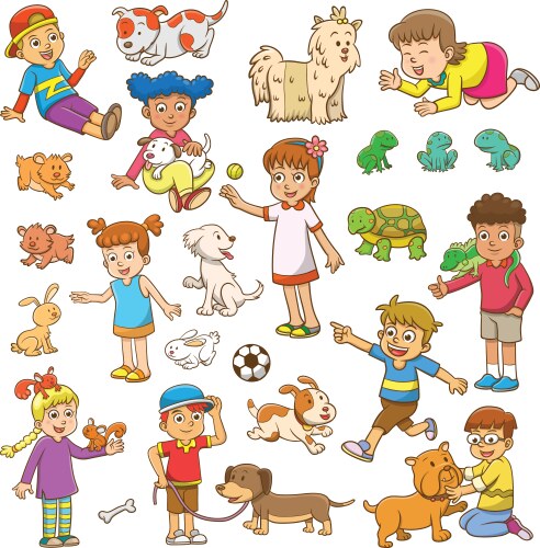 Cartoon Child with Pets Vector Image