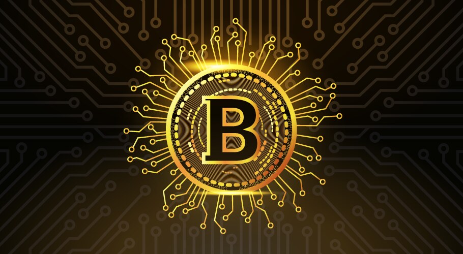 golden bitcoin crypto currency icon over dark vector