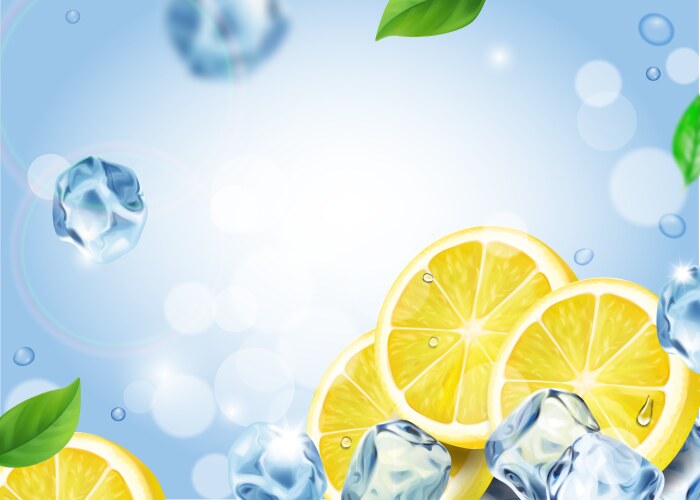 Lemon fruit with ice cubes refreshing background Vector Image