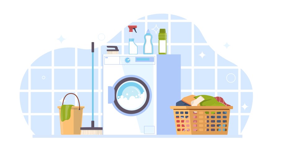 Modern laundry room with washing machine basket vector image