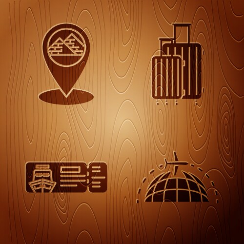 Set globe with flying plane map pointer vector image