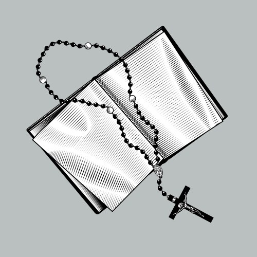 Old open book with prayer beads and cross Vector Image