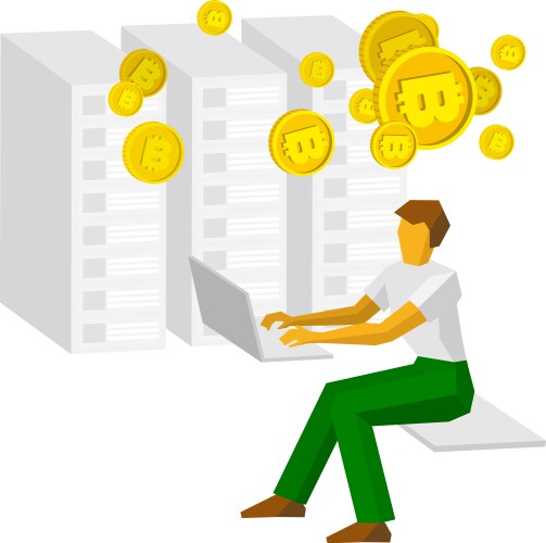 Man working on a computer and mining bitcoins vector image