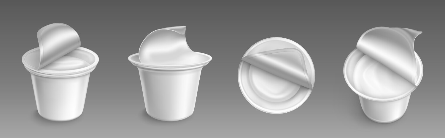 Plastic cup with open cap and yogurt inside set Vector Image