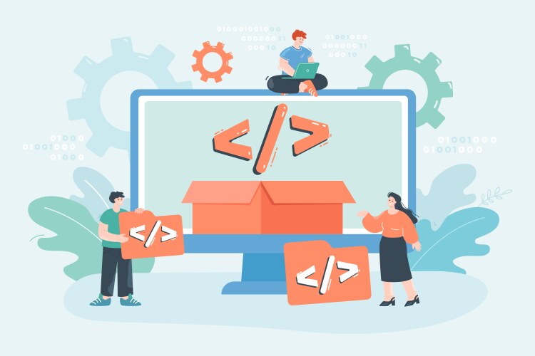 Tiny developer using platform for writing codes vector image