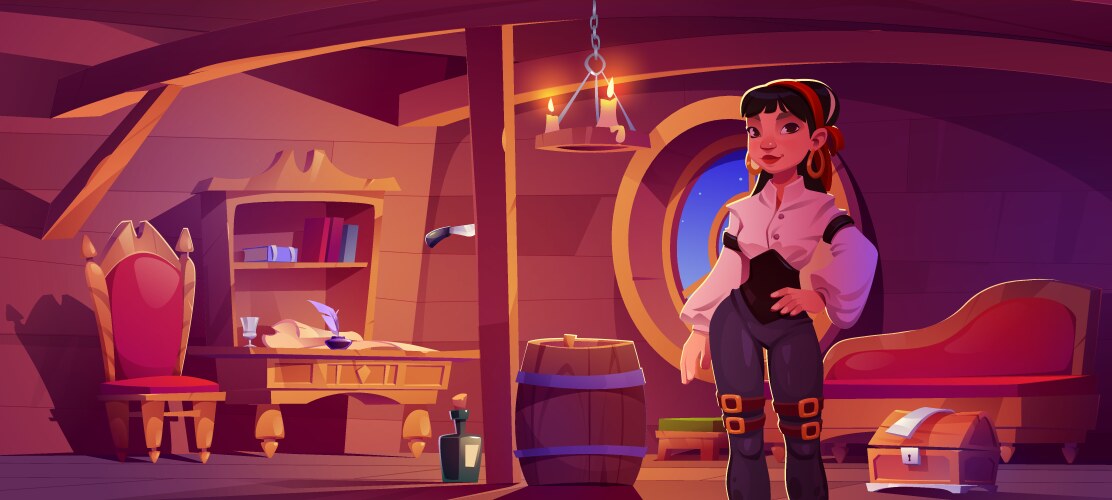 young girl pirate stands in wooden cabin of ship vector image vector image