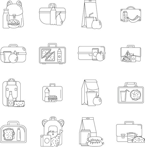 Lunchbox Food Icons - Outline Style Vector Image