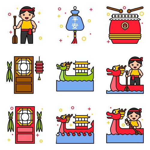 Dragon boat festival related filled icon set 3 vector image