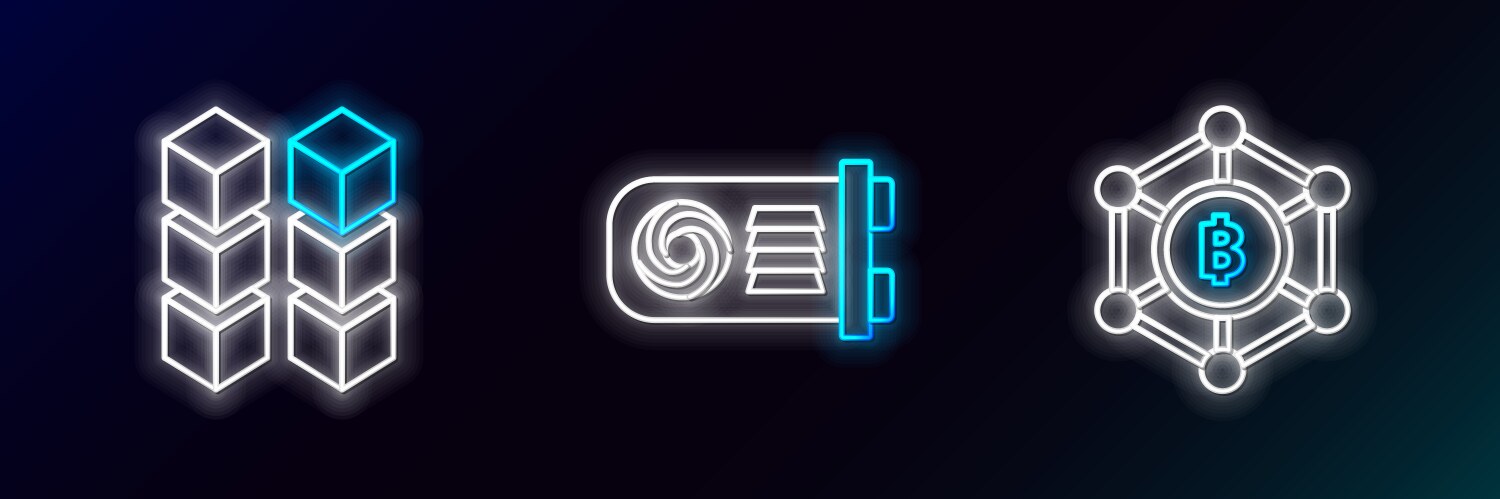 Set line blockchain technology bitcoin and mining vector image
