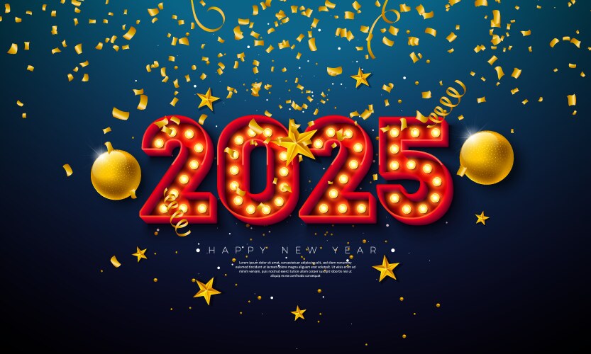 Happy new year 2025 with 3d glowing light bulb Vector Image