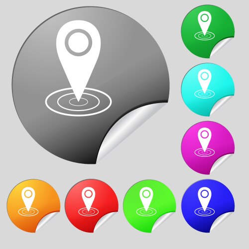 Map pointer icon sign set of eight multi colored vector image