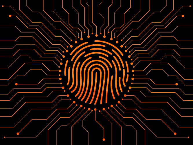 Fingerprint scanning on circuit board biometrics vector image