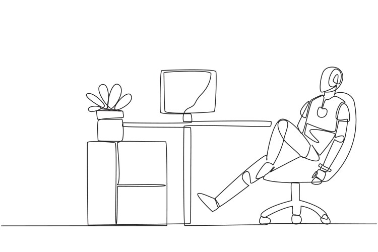 Continuous one line drawing robot sits in work vector image