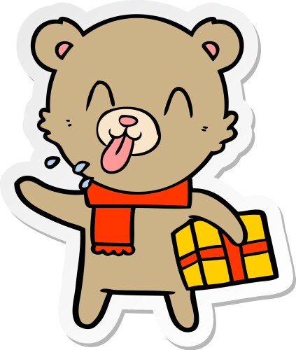 Sticker of a rude cartoon bear with present Vector Image