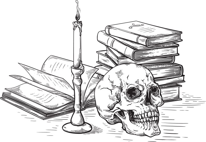 Death and Books Skull Sketch Vector Image