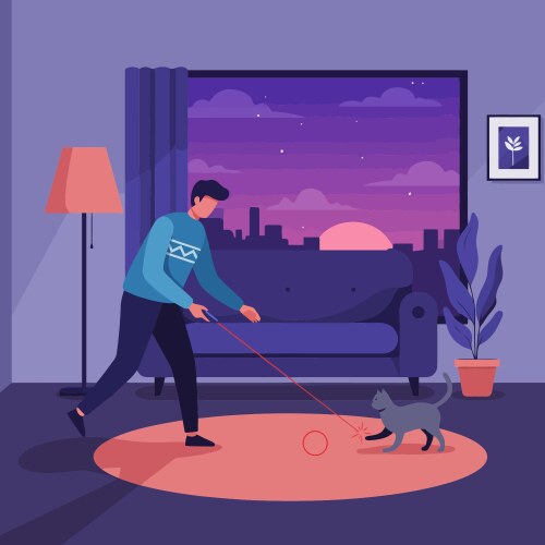 Man playing with cat using laser pointer vector image