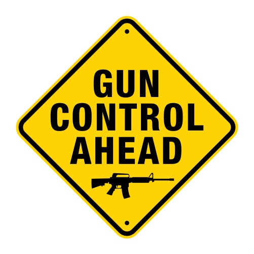 Silhouette assault rifle with sign over Royalty Free Vector
