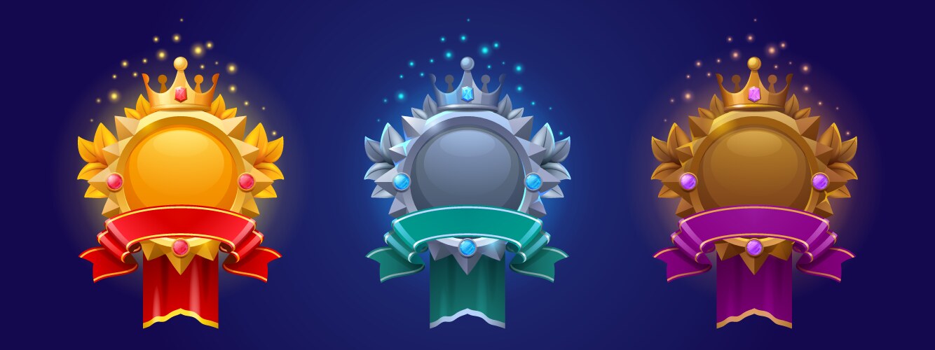 Game ranking badges with shields and swords Vector Image