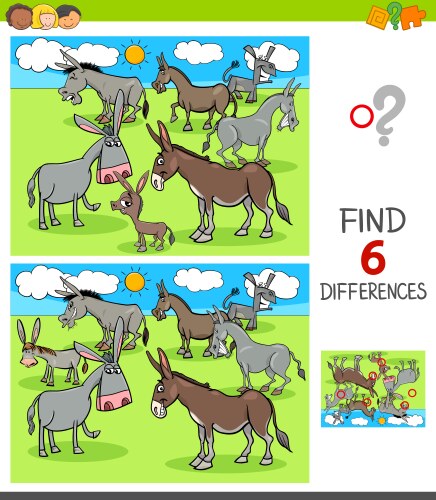 Differences game with donkeys animal characters vector image