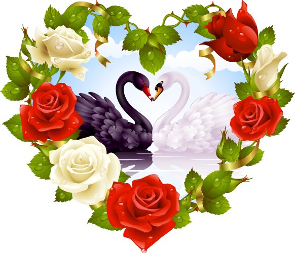 Red Roses and Swans Romance Vector Image