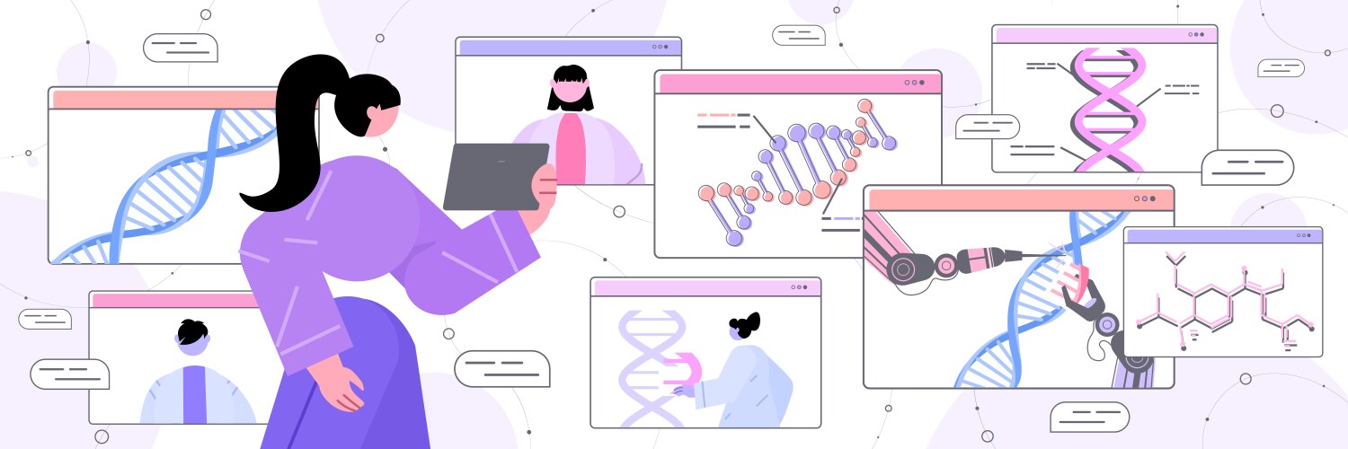 Scientist analyzing dna structure in web browser vector image