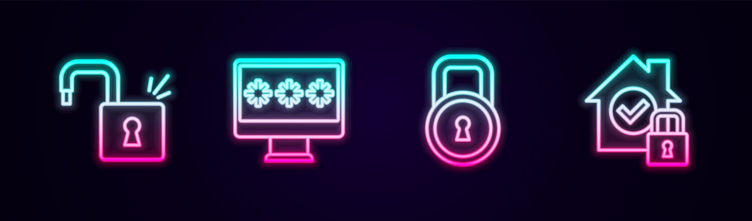 Set line open padlock monitor with password lock vector image