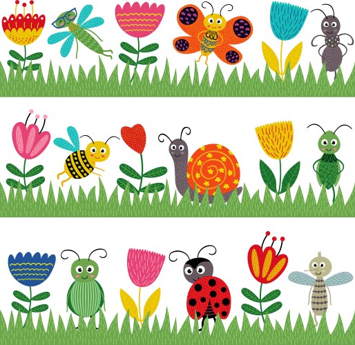 Set borders with grass and flowers Royalty Free Vector Image