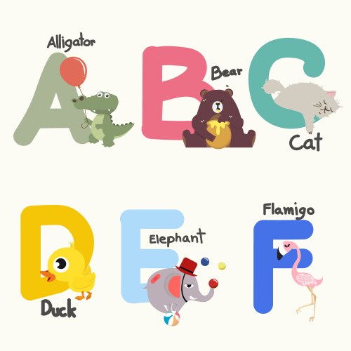 animal alphabets for children from a to f vector image