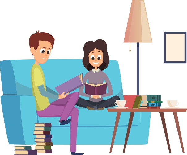 Reading lovers people sitting on sofa with books vector image