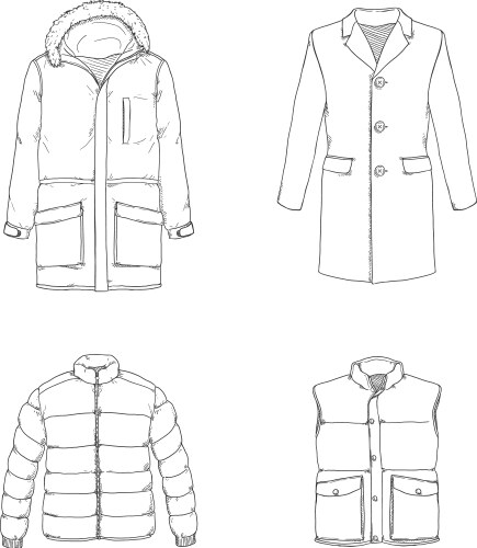 Set sketch outdoor clothing parka down jacket Vector Image